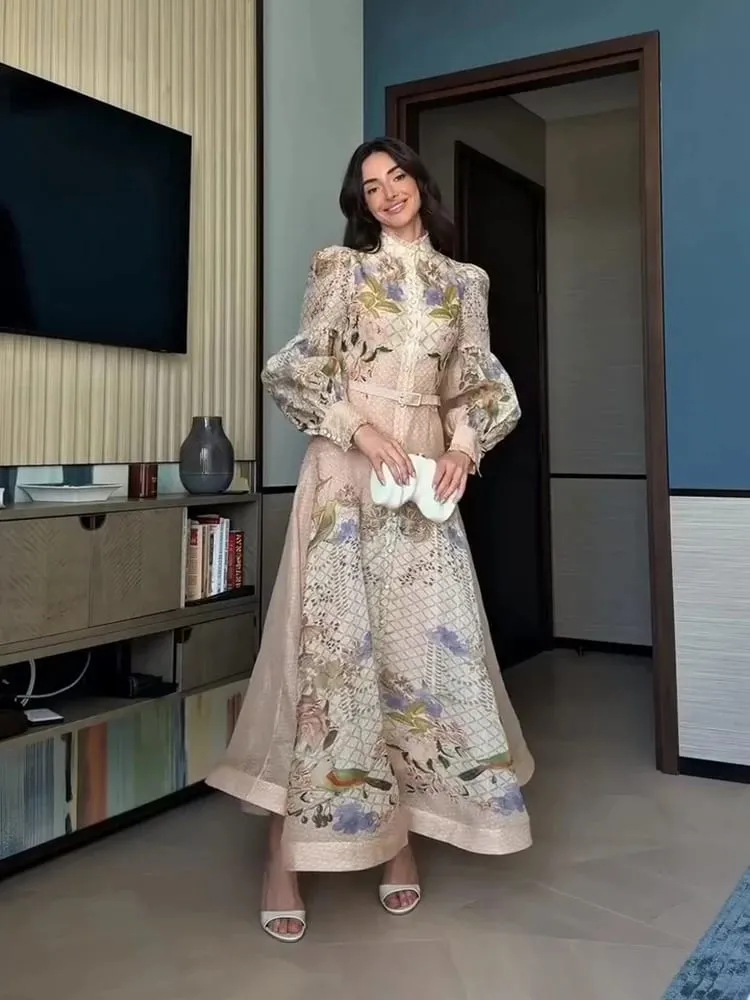 Elegant Floral Printed Women's Dress Stand Collar Full Puff Sleeve A-line Long Dresses 2026 Summer Vacation Party Lady Robes