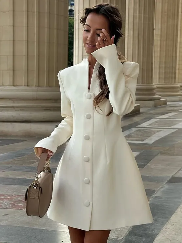 Solid na Single-breasted A-line na Mini Dress 2026 Elegant Women's V Collar Full Sleeve High Waist Vestidos Lady Commute Street Gowns