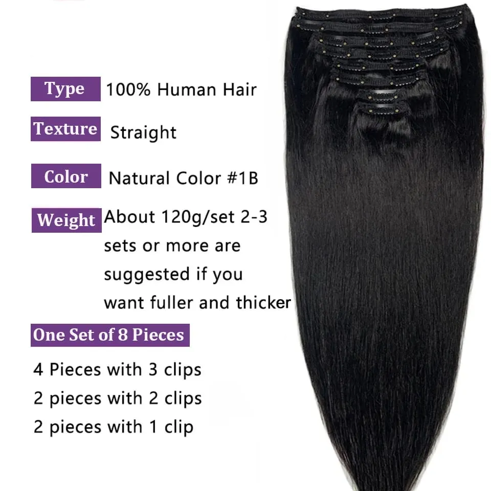 Clip Ins Straight Seamless Brazilian Human Hair Extensions 10A Brazilian Virgin Human Hair 8 Pcs Clip In Extensions 120G/Pack