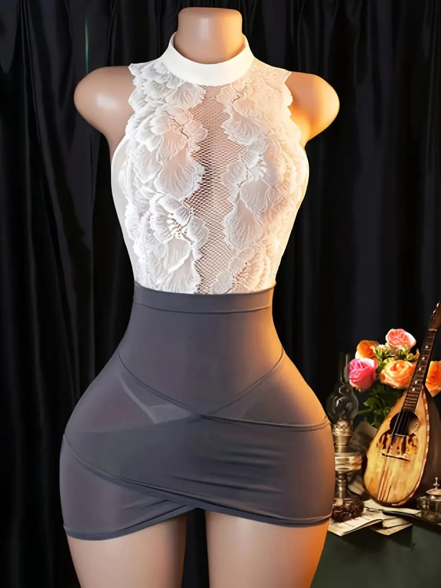 Women Lace Lingerie Set Floral Halter Bodysuit Bodycon Mini Dress Office Uniform Costume Nightwear — image 5