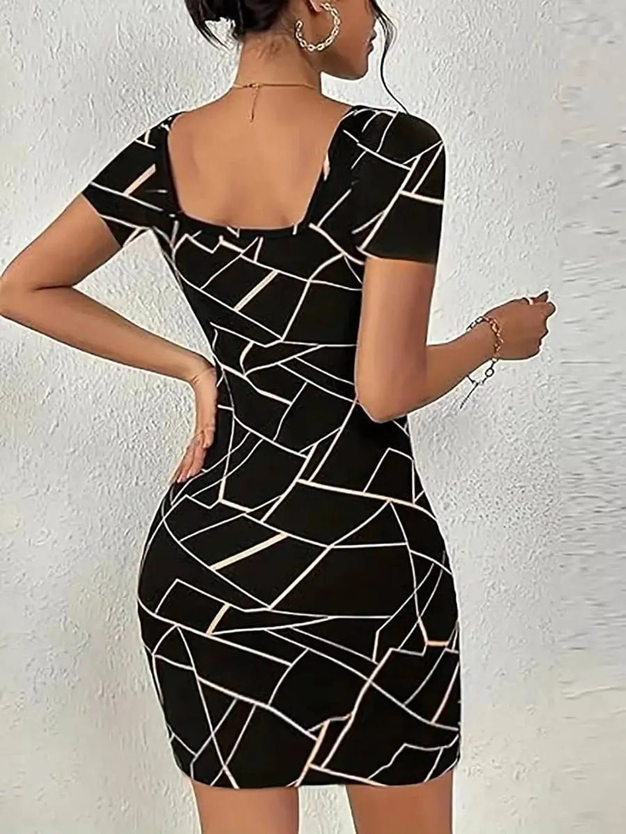 Women Dress Square Neck Short Sleeve Geometric Print Bodycon Mini Dress Sleek Spring Summer Chic Party Club Night Out Flattering — image 2