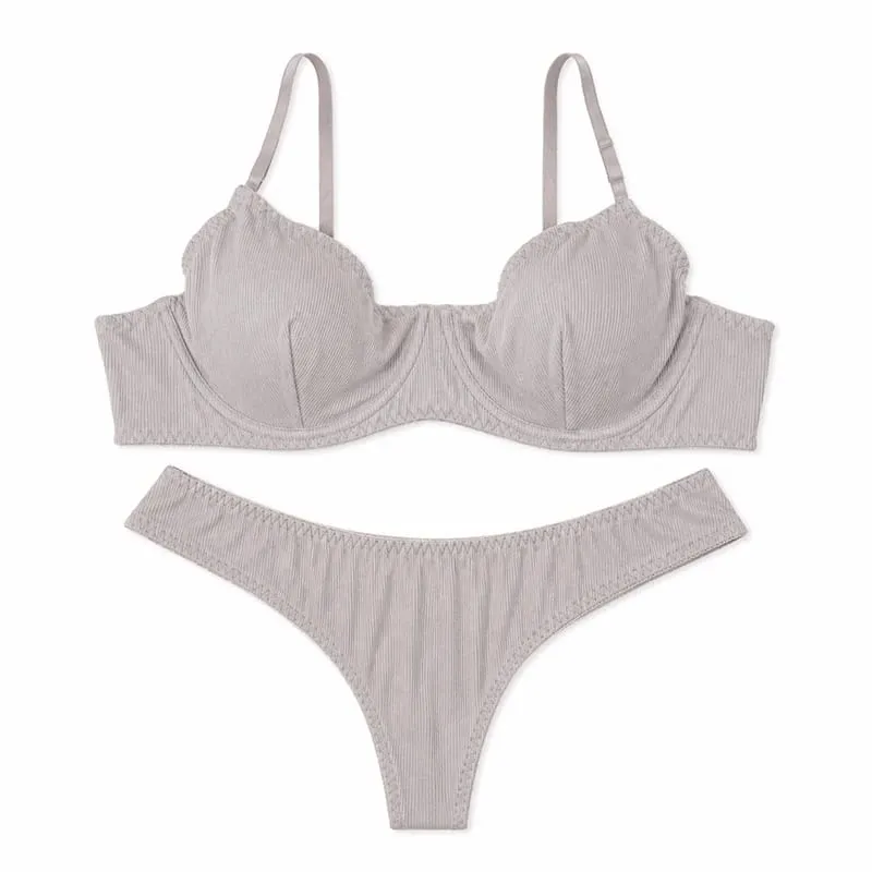 Conjunto de lingerie feminina sólida com nervuras, sutiã com copo fino, tanga de cintura baixa, macio, íntimo diário — image 8