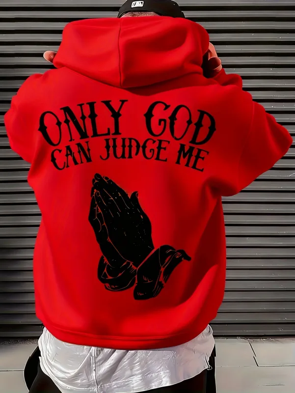 Moletom com capuz masculino "Só Deus pode me julgar" streetwear com mãos em oração pulôver gráfico inspirador para estilo casual — image 3