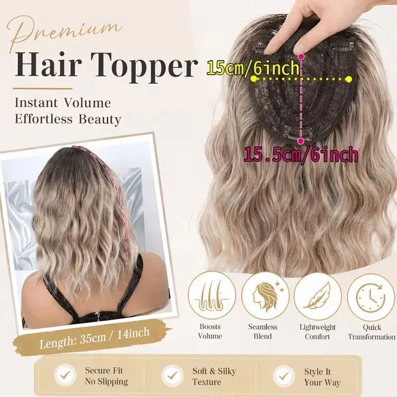 14Inch Synthetic Short Bobo Wavy Curly Topper Hair Extension Scalp-Covering Clip-In for Thinning Hair Women Daily Use