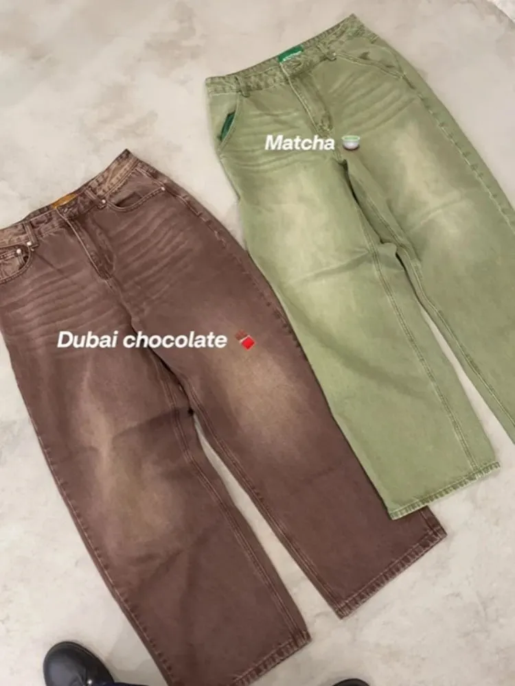 Mens Jeans Matcha Green Baggy Denim Pants Harajuku Unisex Loose Fit Straight Leg Casual Streetwear Fashion Trend New Arrival New — image 6