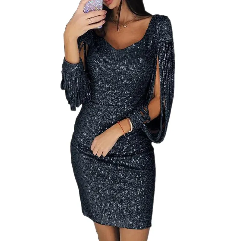 Evening Dresses for Women Elegant Long Sleeve Sequin Mini Dresses Sexy Ruched Bodycon Sparkly Glitter Cocktail Party Dresses — image 4