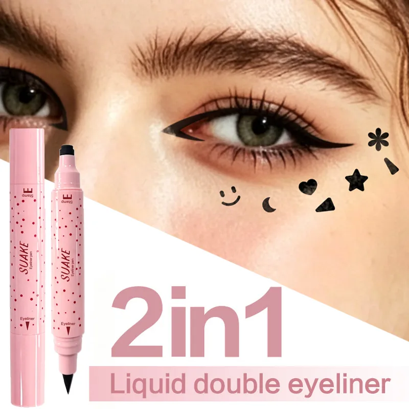 Pink Tube Star Heart Butterfly Stamp Liquid Eyeliner Dual-Ended Seal Stamp Eyeliner Pen 2in1 Quick-drying Black Eye Liner Makeup