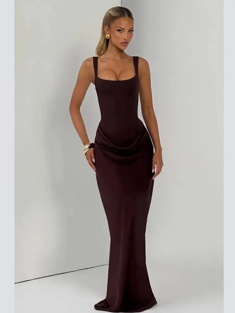 Sexy Women Square-neck Halter Maxi Dress 2026 Pleated Sleeveless Backless High Waist Bodycon Dresses New Summer Lady Party Robes — image 4