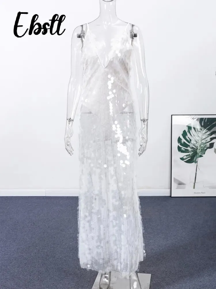Sequins Lace Splicing Dress Women's Sexy V-veck Shiny Sleeveless Backless Sling Dresses 2026 Spring Summer New Ladies Beach Robe — image 7
