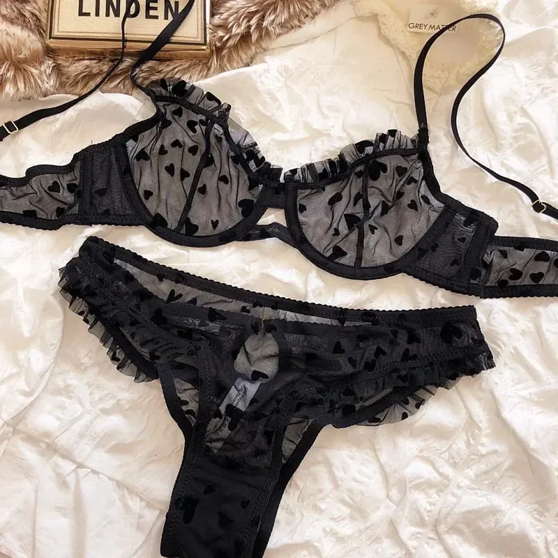 2 peças conjunto de lingerie sexy ultra fino respirável sutiã para mulher push up sutiã conjunto verão malha romântico pêssego coração íntimos — image 7