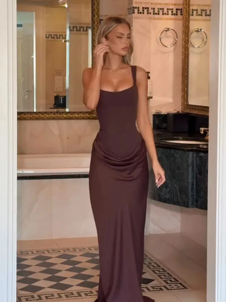 Sexy Women Square-neck Halter Maxi Dress 2026 Pleated Sleeveless Backless High Waist Bodycon Dresses New Summer Lady Party Robes — image 6