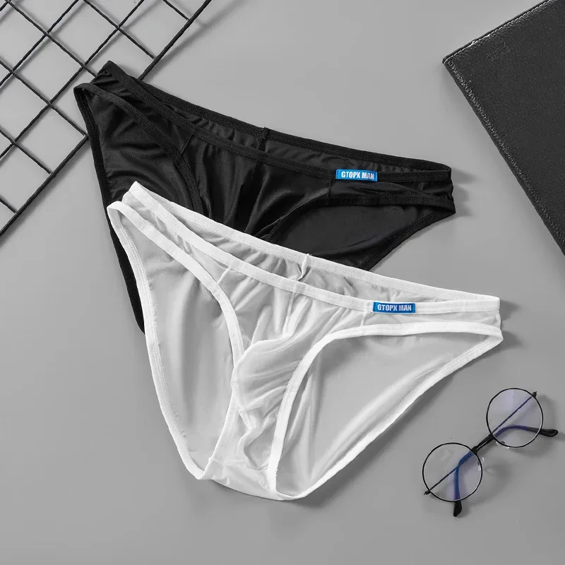 Men's Sexy Underwear Thin Ice Silk Translucent Briefs U Pouch Ropa Interior Hombre Male Panties — image 19