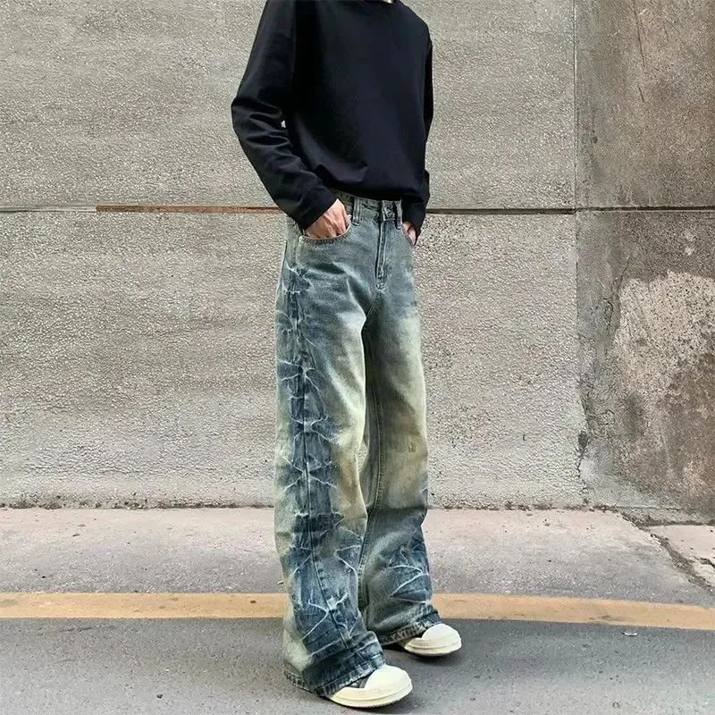 Men's Side Crease Design Straight Jeans Spring Street Sweatpants Boys Trousers Male High Waist Wide-leg Denim Pants — image 3