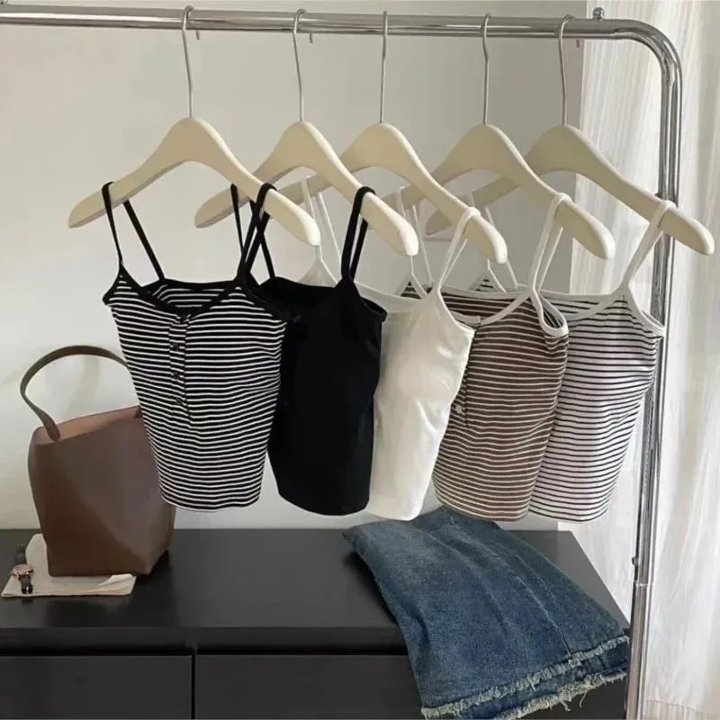 Integrated Stripe Women's Vest Inner Wear Outer Wear Button Fixed Cup No Bra Sports Top Short Style Cotton 100% Short Vest — image 9