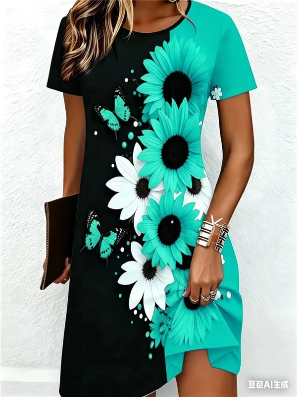 Street Hip Hop Flowers And Butterflies Women Mini Dresses Summer Short Sleeve 3D Printed Fashion Dress 3XL Big Size Casual Dress — image 7