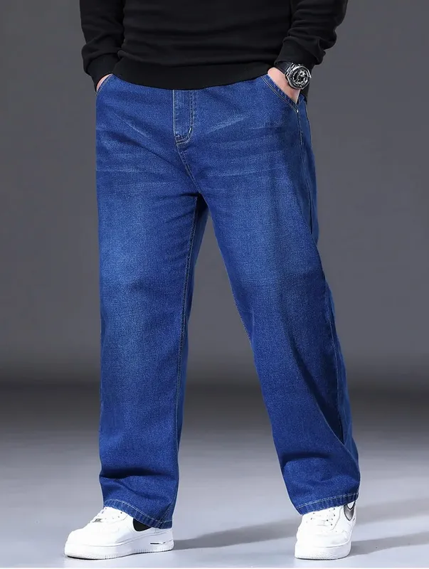 29-50 Sizes Men's Stretch Jeans Straight Leg Denim Pants Extended Sizing Blue Black Streetwear Relaxed Fit For Work Casual New