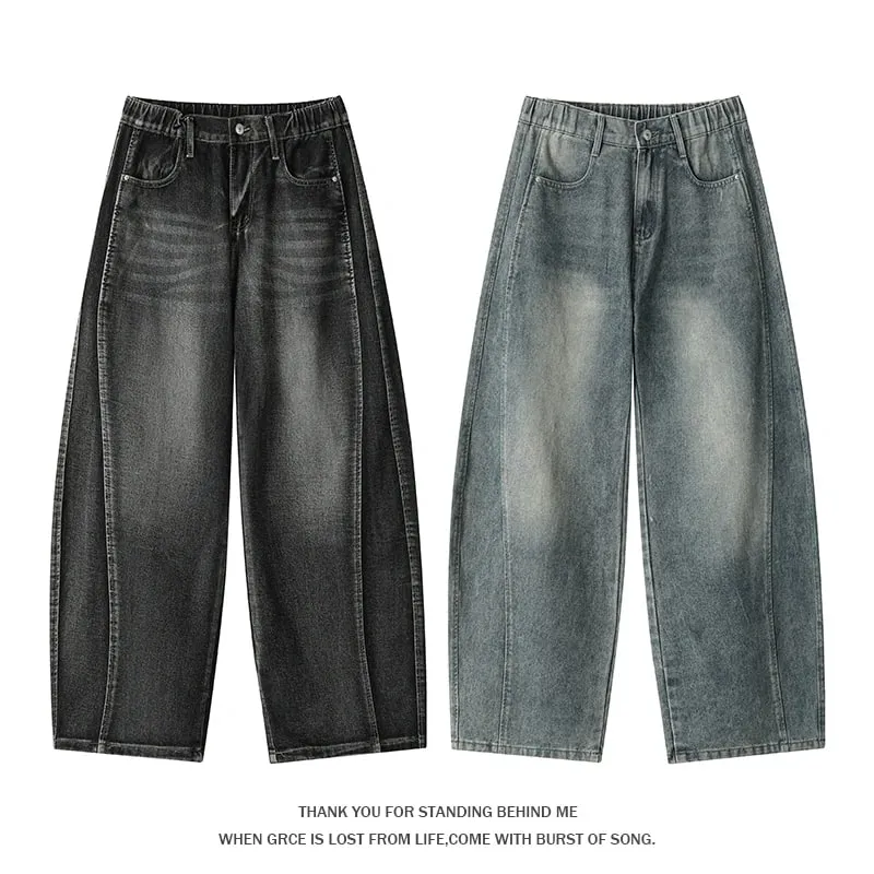 Plus Size Men's Curved Denim Jeans Retro High Street Washed Splice Loose Floor-Length Baggy Streetwear Trousers — image 1
