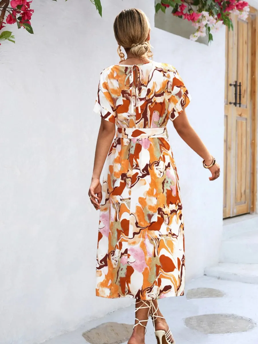 Women Long printed Dress with sashes Fashion Slim Chiffon O-neck A-line Loose Dress Elegant female holidays beach dresses