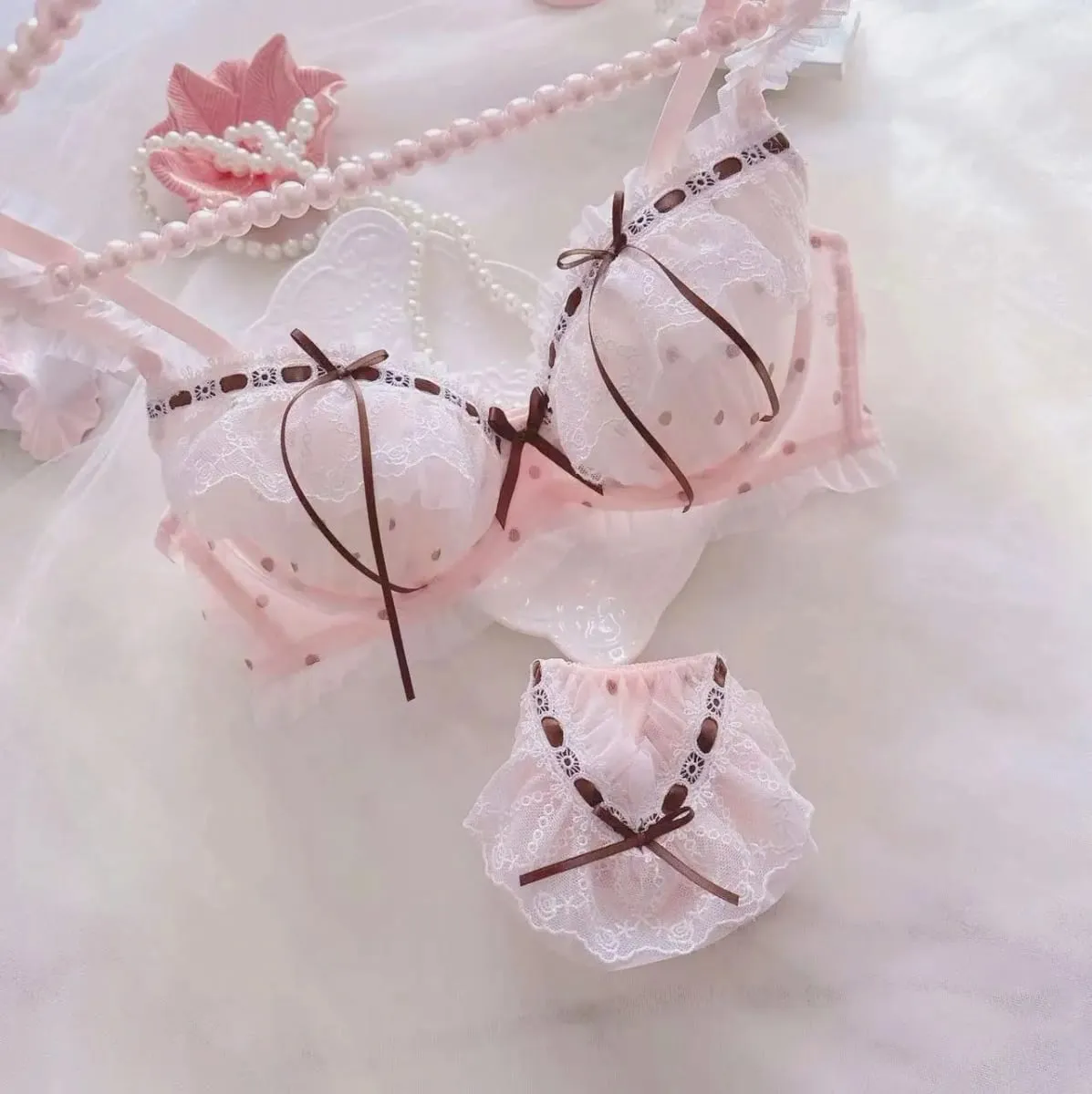 Napakagandang damit-panloob na nalulusaw sa tubig ribbons polka tuldok manipis na tasa estilo ng kolehiyo estudyante batang babae cute na natipon sexy underwear bra — image 4