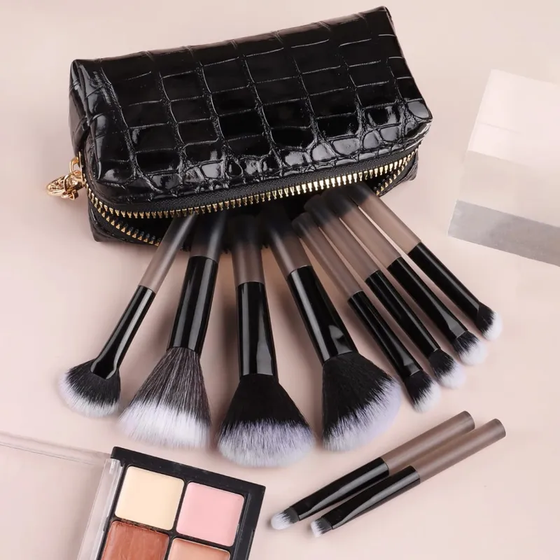 10Pcs Full Face Makeup Brush Kit Crocodile Grain Zipper Bag Powder Contour Shadow Brow Eyelash Cosmetic Brushes