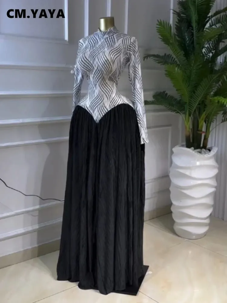 CM.YAYA Women V-neck Long Sleeve Big Swing Striped Print Long Dress 2026 Sexy Parties Evening Vacation Long Dresses Vestidos — image 2