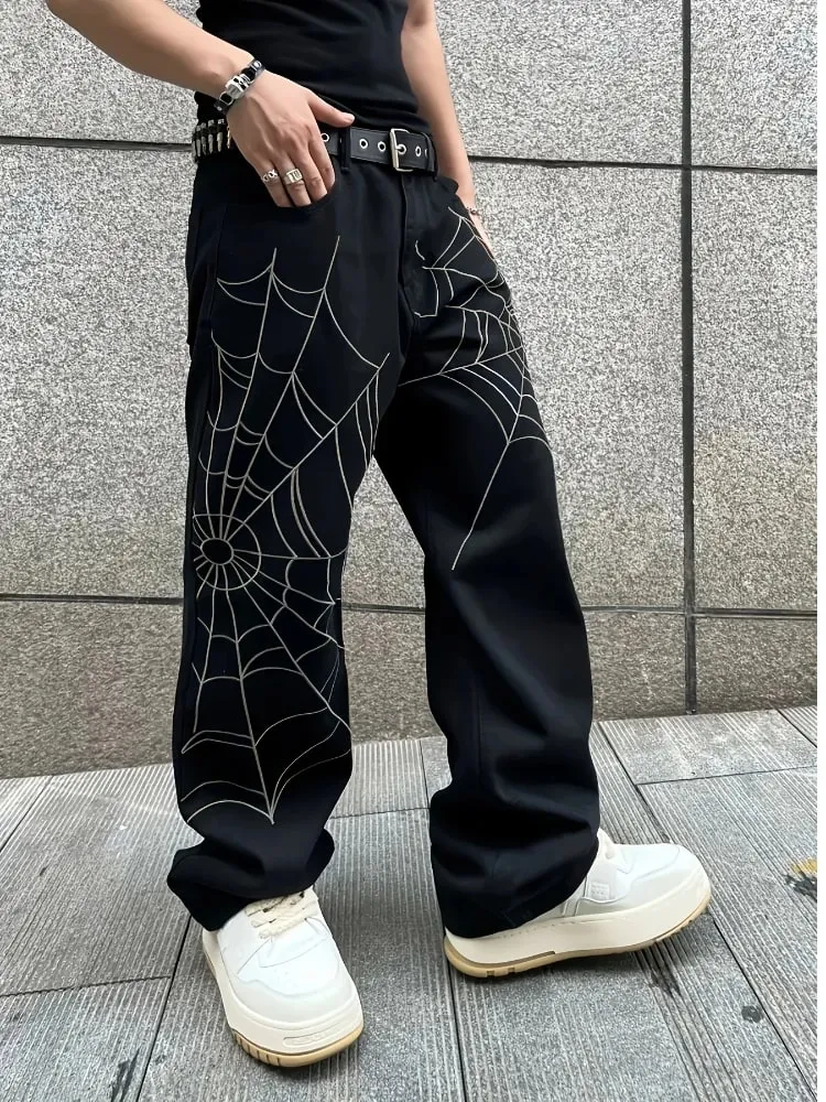 Men's Black Jeans Spider Web Printing Loose Wide Leg Casual Daily Trousers High Street Fashion Trendy Streetwear Denim Pants — image 3
