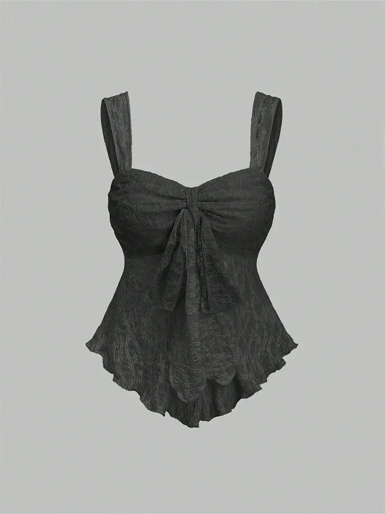 2026 Summer Women Y2K Coquette Floral Lace Knotted Bow Slim Fit Irregular Ruffled Hem Sweetheart Neck Wide Strap Cami Tank Top — image 5