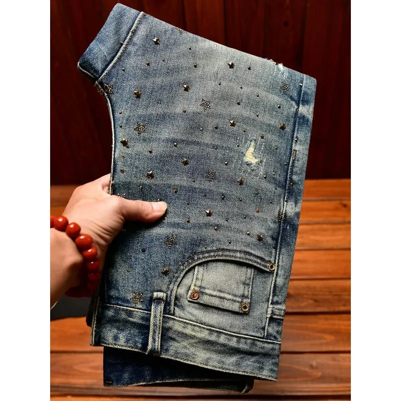 Fashionable light luxury jeans with men's patch design trendy retro elastic ripped pants — image 2