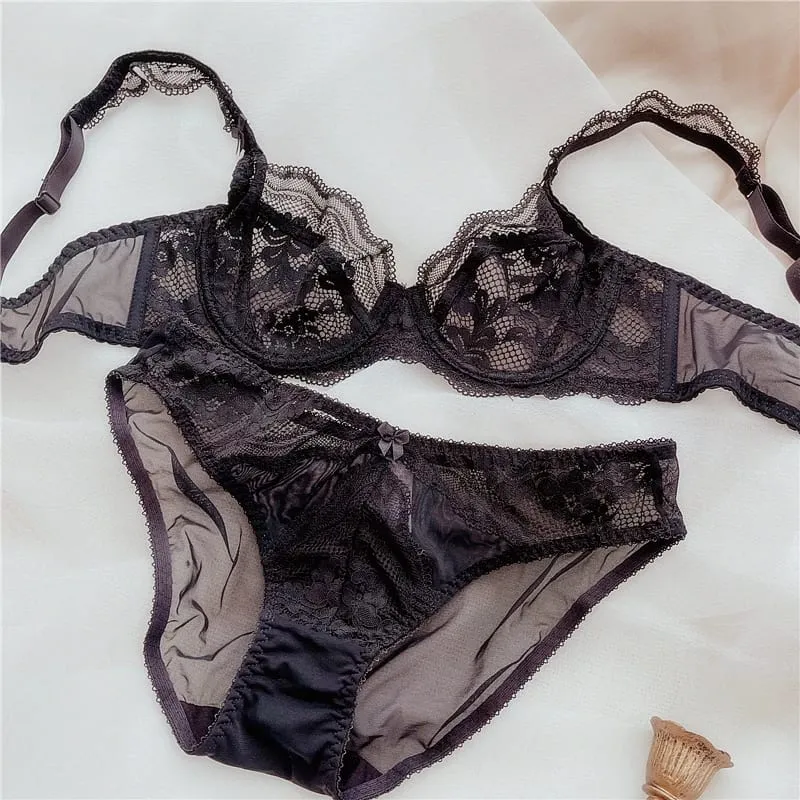 Feminino ultra-fino renda roupa interior conjunto de sutiã reunindo anéis de aço superior transparente tamanhos grandes lingerie cuecas terno