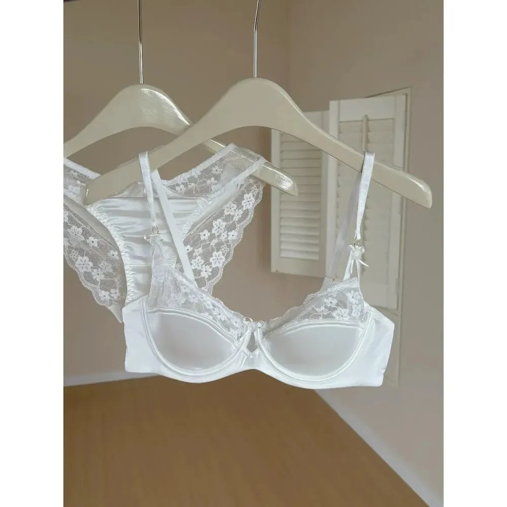 Red Lace Satin Bra Set Half Cup Thin Push‑Up Less Show Big Chest Sexy French Lingerie Women Underwear 32‑38 — image 3