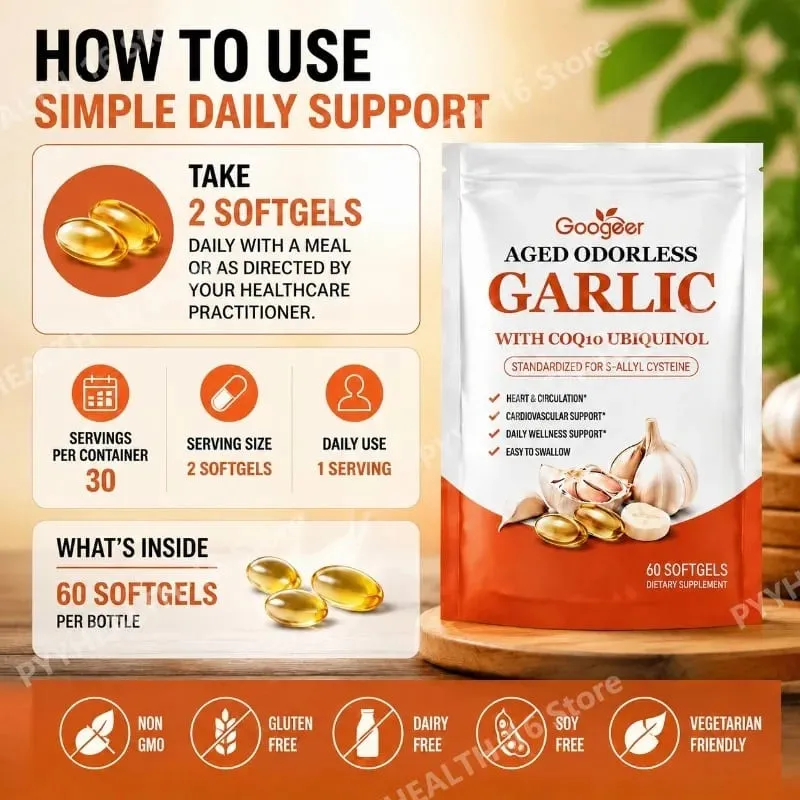 Aged Odorless Garlic Softgels with CoQ10 Ubiquinol & K2 Blood Pressure Heart & Circulation Support Cholesterol 60 Softgels — image 3