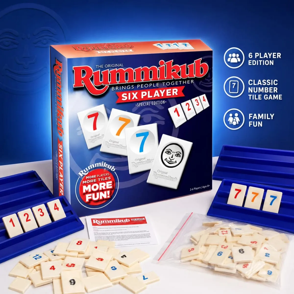 Rummikub Six Player Tile Strategy Board Game with Blue Racks Number Logic Family Party English Version — image 2