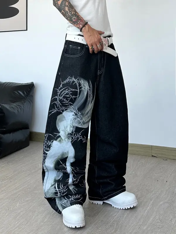 Men's High Street Dark Anime Character Thorn Print Black Baggy Wide-Leg Jeans Y2K Street Hip-Hop Punk Fashion Versatile Pants — image 2