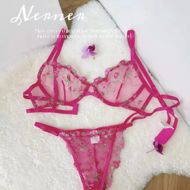 French Floral Bra Set Women | Sweet Sexy Sheer Mesh Lace Transparent Underwear Set | Practical & Feminine MOYISU Sexy Panty Set — image 9