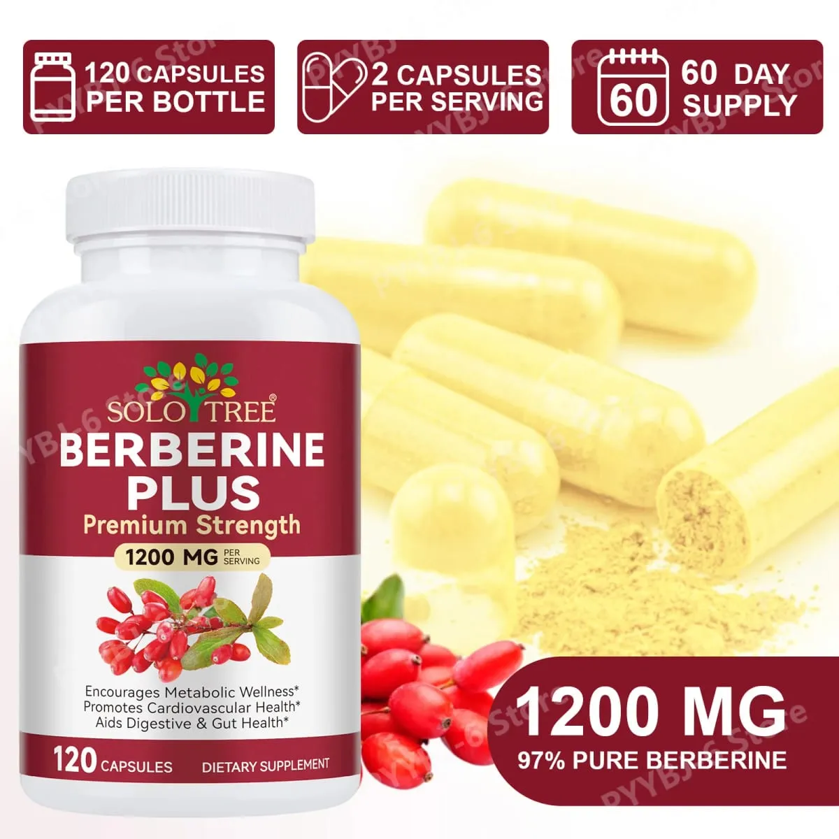 Berberine Plus Kapsler 1200mg Berberin HCl Metabolisme og fordøjelsessystemets tarmsundhed 120 kapsler — image 5