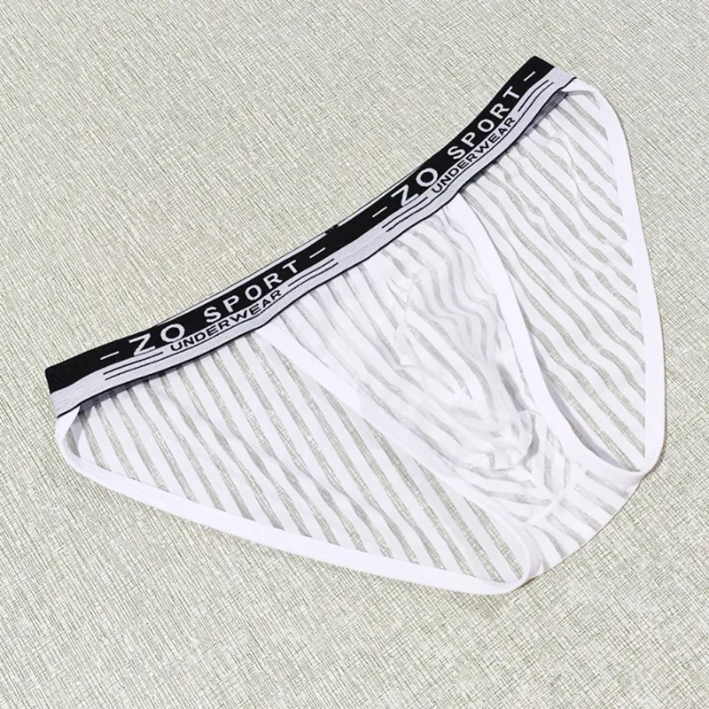 Striped Men's High Slit Sexy Pouch Underwear Ice Silk See Through Comfortable Male Triangle Briefs Man Underclothes — image 2