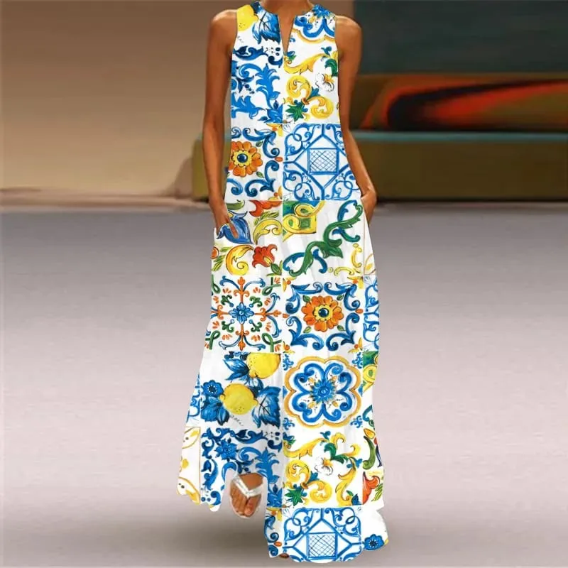 Women Dresses 2026 New summer wear sleeveless long dress V-neck printed emerald flower dress women's clothing vestidoes — image 10