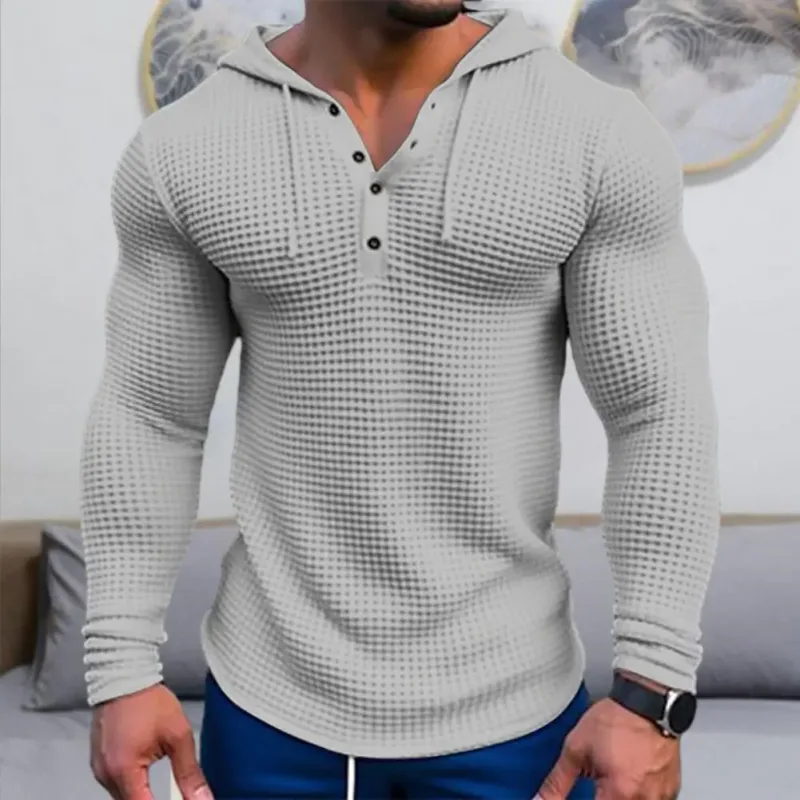 Våren Enfärgad Slim Fit Långärmad T-shirt Herr Huva Andas Sport Topp Våffel Bomull Casual Långärmad Skjorta — image 3
