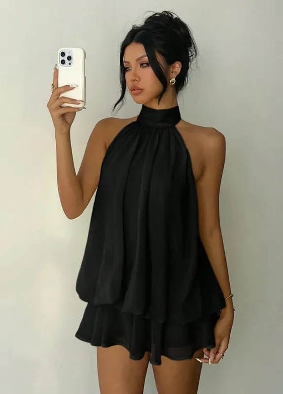Women's Vacation Slim Fit Fashion Sexy Backless Halter Tie Waist Versatile Solid Color Dress Stylish and Comfortable Summer