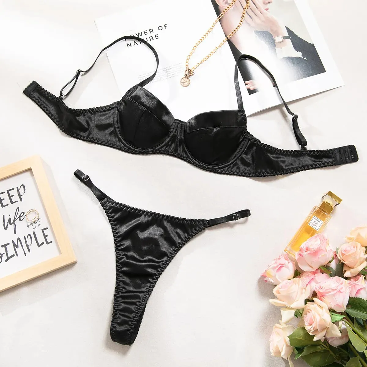 Women Underwear 2 Pcs Sexy Bra Set Underwire Push Up Satin Patchwork Bras and Thongs Suits Attractive Bilizna Intimate Set