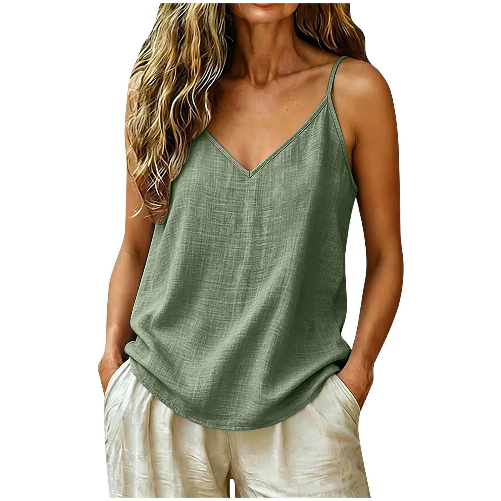 Women Cotton Linen Spaghetti Strap Tank Top V Neck Solid Color Loose Fit Lightweight Casual Sleeveless Camisole Summer Beach Top — image 3