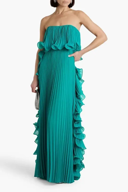 Vestido feminino da moda para férias de verão, laranja, plissado, chiffon, longo, formal, feito sob encomenda, com babados, sem alças, vestido de festa na praia — image 9