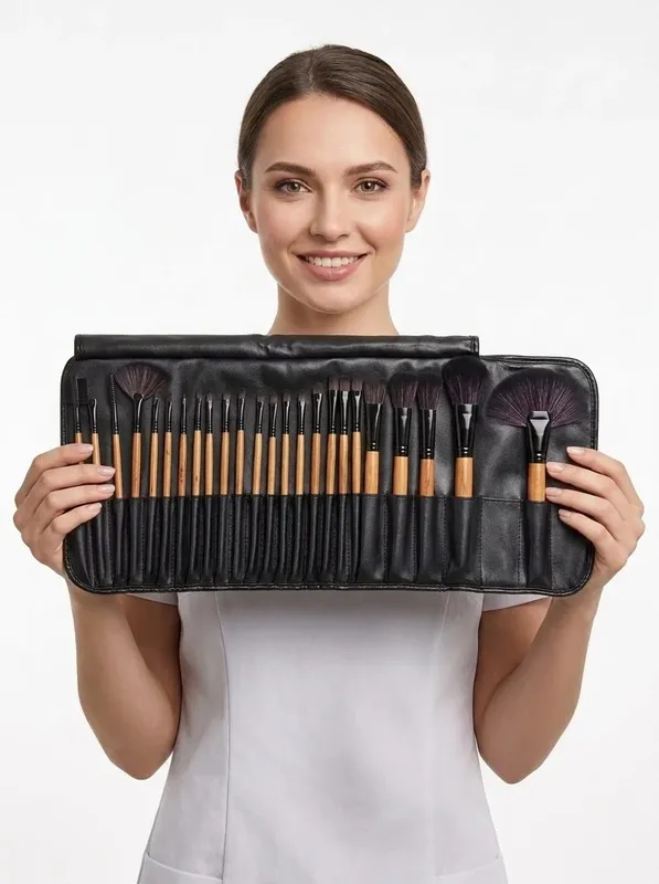 32Pcs Professional Makeup Brush Set Wooden Handle Cosmetic Brushes Foundation Eyeshadow Blush Brush with PU Storage Bag — image 8