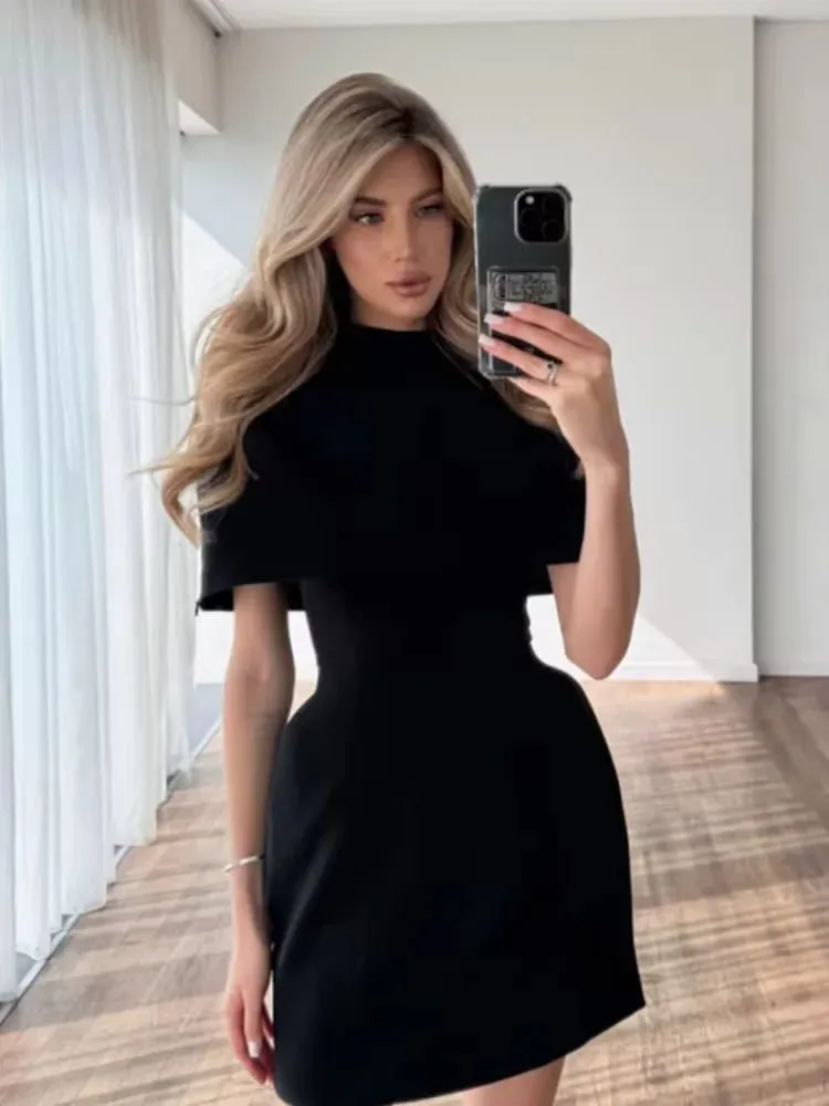 Solid Shawl A-line Dress Babae Elegant Round Neck Waist Cinching Slim Maikling Mini Dresses 2026 Lady Araw-araw na Party Evening Vestido — image 2