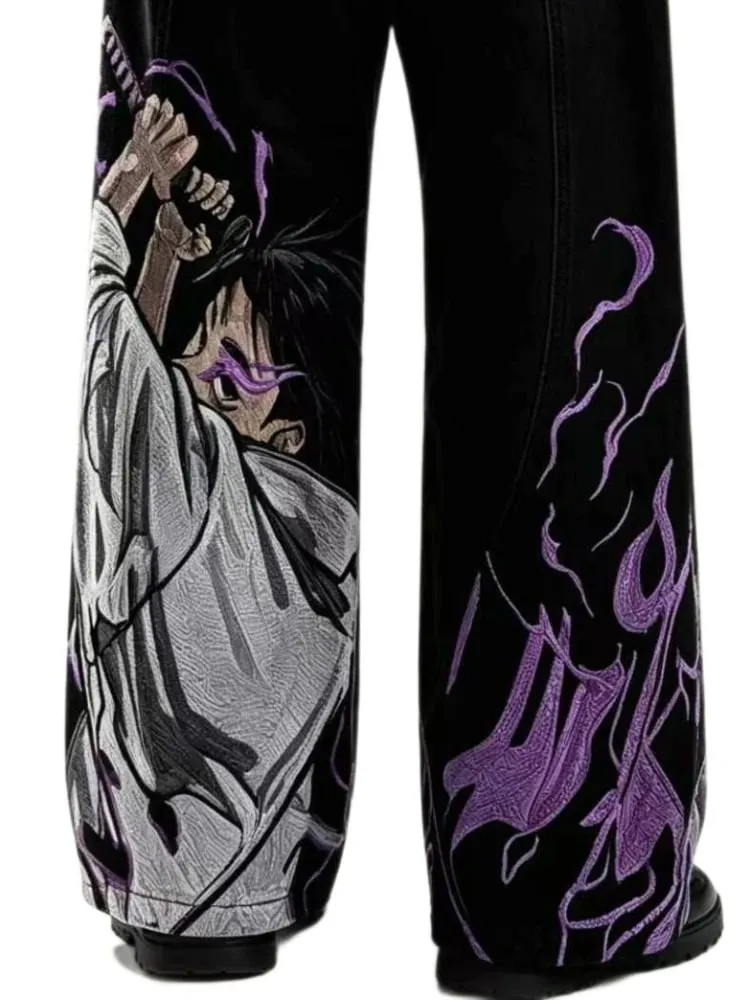 Mens Jeans Heavy Embroidery Streetwear Denim Pants Harajuku Unisex Loose Fit Wide Leg Anime Straight Leg Black Casual Fashion — image 6