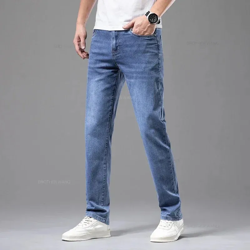 Marca de verão masculina ajuste reto leve algodão estiramento jeans negócios casual cintura alta fina luz cinza calças dos homens — image 4