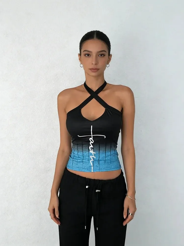 Women's Tank Top Spring Summer Black Blue Gradient Halter Cross V Neck Cutout Handwritten Letter Slim Cropped Chic Daily Casual — image 5