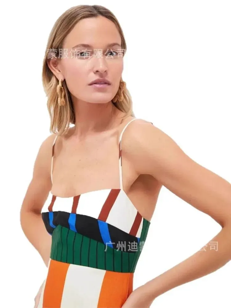Elegant højtaljet 2025 fest lang kjole mode afslappet ny stribet farverig kvinder sexet spaghetti strop Bohemian Mixi kjoler — image 6