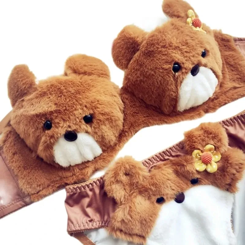 Conjunto de calcinha e sutiã de pelúcia peludo feminino, estampa de panda de desenhos animados, lingerie de inverno, menina escolar, anime japonês, roupa íntima cosplay — image 21