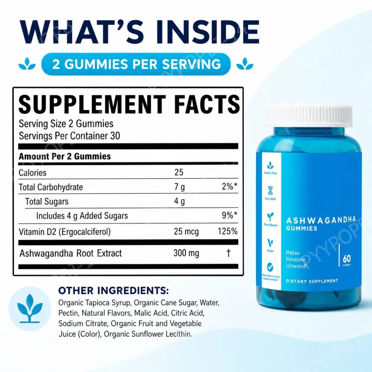 Conjunto de gomas de 3 pacotes: Ashwagandha para alívio do estresse, probióticos para a saúde intestinal + suplemento ACV Detox vegano sem glúten 60 ct cada — image 2